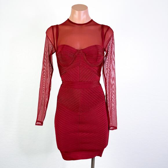 House of CB Noelle Bandage Sheer Long Sleeve Cutout Mini Dress Wine Red XS NWT - Picture 1 of 12